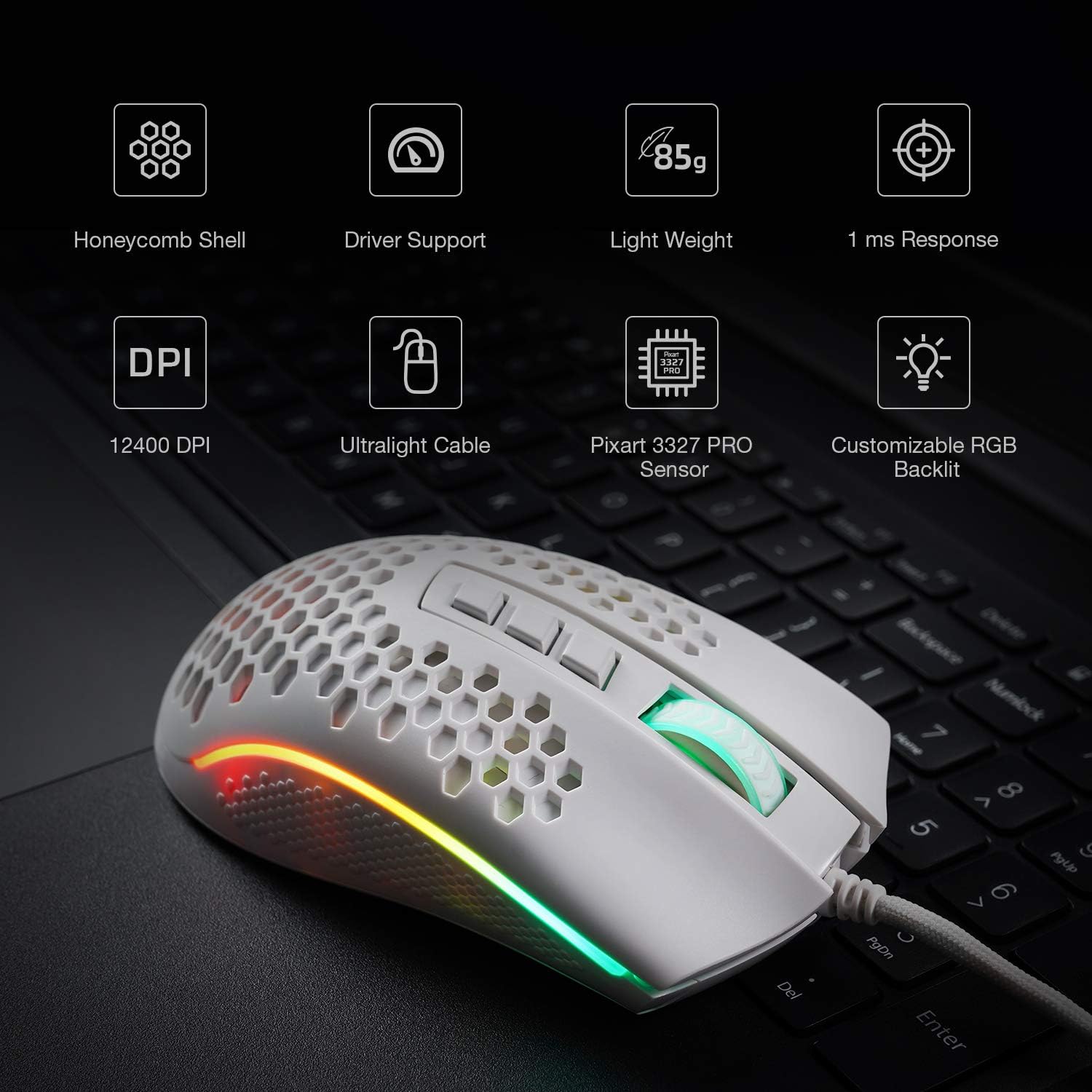 Redragon M808 Storm Lightweight RGB Gaming Mouse, 85g Ultralight Honeycomb Shell - 12,400 DPI Optical Sensor - 7 Programmable Buttons - Precise Registration - Super-Lite Cable - White