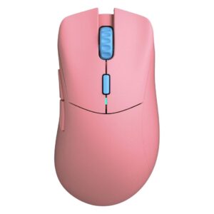 Glorious Model D PRO Wireless Gaming Mouse in Flamingo Pink and Blue color, lightweight ergonomic design with RGB, USB-C, and wireless connectivity.