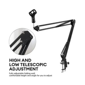 Adjustable foldable mic arm stand with desk clamp and extendable steel scissor arm in white finish for streaming or recording
