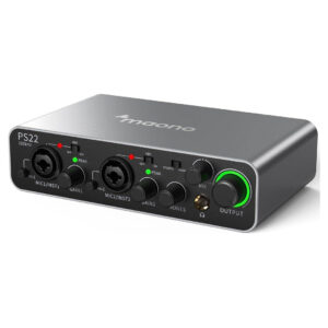 MAONO PS22 USB Audio Interface with dual combo inputs, 48V phantom power, and real-time monitoring for podcasting and recording