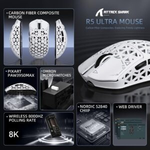 Alternative view of Attack Shark R5 Ultra 8K Carbon Fiber Wireless Gaming Mouse with 42000 DPI White